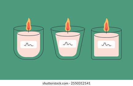 Velas aromáticas decorativas. Queimando velas perfumadas, interior da casa e aromaterapia. Ilustração vetorial em estilo plano