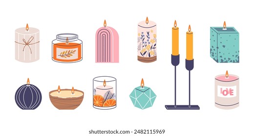 Decorative aromatic candles various shapes and colors flat vector illustrations set. Burning wax candles in glass jar, on a candlestick, with flowers. Relaxation and aromatherapy design elements