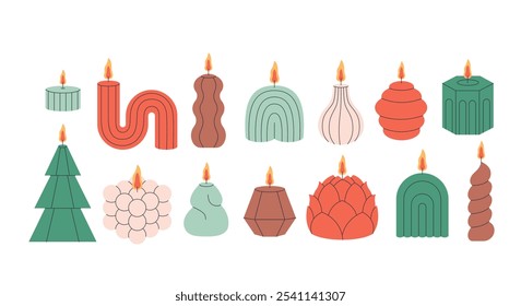 Decorative aromatic candles various shapes and colors. Burning scented candles, home interior and aromatherapy. Vector illustration in flat style