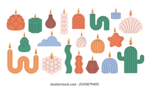 Decorative aromatic candles various shapes and colors. Burning scented candles, home interior and aromatherapy. Vector illustration in flat style