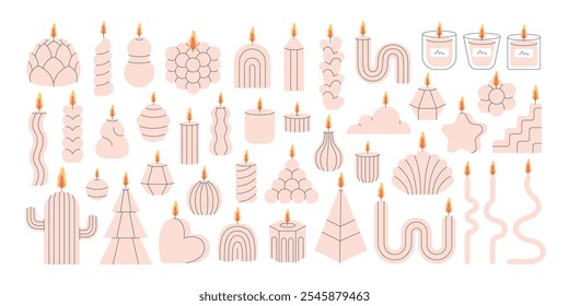 Decorative aromatic candles various shapes. Burning scented candles, home interior and aromatherapy. Vector illustration in flat style