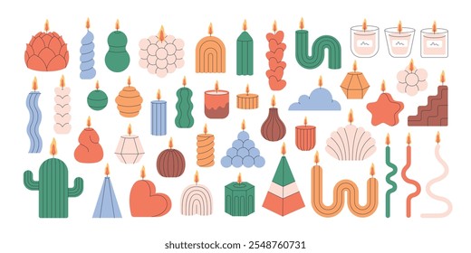 Velas aromáticas decorativas várias formas e cores. Queimando velas perfumadas, interior da casa e aromaterapia. Ilustração vetorial em estilo plano