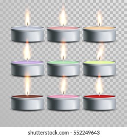 Decorative aromatic tealight candles vector set. Vector 3D realistic isolated tea candle sticks with burning flames on transparent background. Holiday decoration color element design