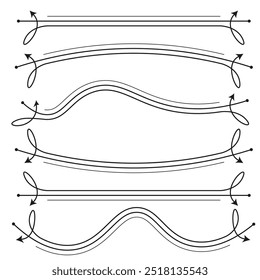 Decorative arrow dividers. Curved line accents. Elegant hand drawn arrows. Vector decorative elements.