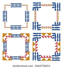 Dekorative Pfeilrahmen. Tribal Square Layout. Blaue Fingerformen. Geometrische rote Dreiecke.