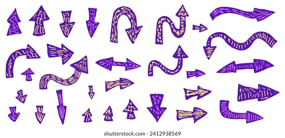 Conjunto de flecha decorativa. Colección de señales de punteros de dirección en estilo doodle. Elementos de diseño dibujados a mano aislados en fondo blanco. Ilustración vectorial.