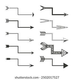 Decorative arrow set. Ten vector designs. Black and white. Ethnic and geometric patterns.