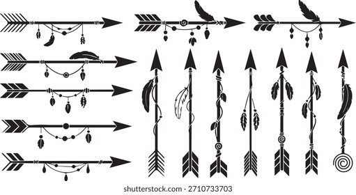 Conjunto de Vector de silueta de flecha decorativa con plumas y adornos