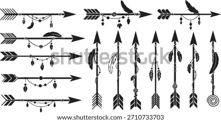 Decorative Arrow Silhouette Vector Set with Feathers and Ornaments