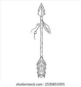a decorative arrow in the style of a sketch. a bow arrow with beads and feathers
