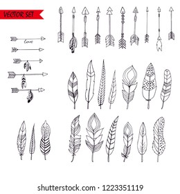 Decorative arrows and feathers. Hand drawn. Vector illustration isolated on white background. Design elements for cards, flyers, posters, placards