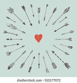 Decorative arrows and heart composition. Valentine's day template greeting card. Wedding invitation. Hand drawn vector design set. Doodle heart and arrows.