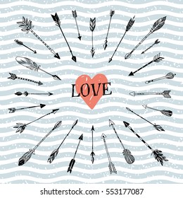 Decorative arrows and heart composition. Valentine's day template greeting card. Wedding invitation. Hand drawn vector design set. Doodle heart and arrows.