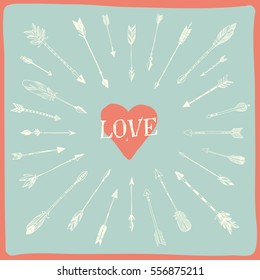 Decorative arrows and heart composition. Valentine's day template greeting card. Wedding invitation. Hand drawn vector design set. Doodle heart and arrows.