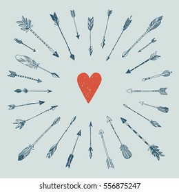 Decorative arrows and heart composition. Valentine's day template greeting card. Wedding invitation. Hand drawn vector design set. Doodle heart and arrows.