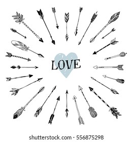 Decorative arrows and heart composition. Valentine's day template greeting card. Wedding invitation. Hand drawn vector design set. Doodle heart and arrows.