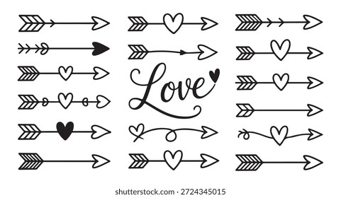 Setas decorativas com corações coleção de vetores e roteiro amor tipografia para celebração