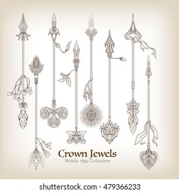 Decorative arrows in victorian, renaissance, baroque, royal style. Vector illustration. 