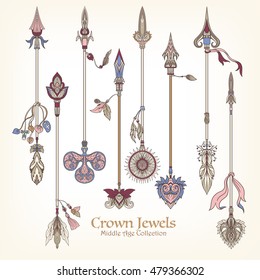 Decorative arrows in victorian, renaissance, baroque, royal style. Vector illustration. 