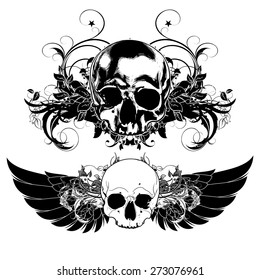 decorative art background with human skulls and wings