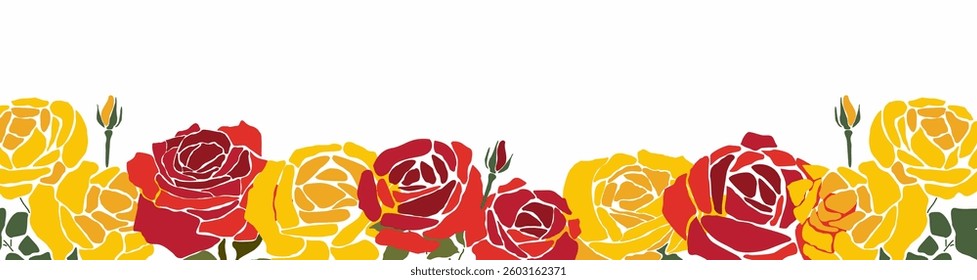 Decorative art banner, frame, border with yellow and red rose flowers isolated on white background