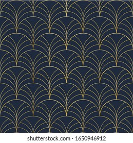 Dekorative Art Deco-Kreise Muster. Golden umrissene geometrische Ornamente auf dunkelblauem Hintergrund. Einfache, runde Elemente Textur. Luxus, elegant, Vintage-Druck für Textilien, Leinen, Karten, Packpapier