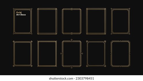 Decorative art deco frames in gold color. Line art decorative borders. Vintage frames for wedding, decoration, antique design, borders and deco divider. Vector illustration.