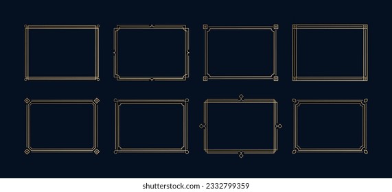 Decorative art deco frames in gold color. Line art decorative borders. Vintage frames for wedding, decoration, antique design, borders and deco divider. Vector illustration.