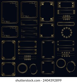 Decorative art deco frames in gold color. Line art decorative borders. Vintage frames for wedding, decoration, antique design,