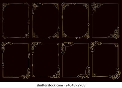 Decorative art deco frames in gold color. Line art decorative borders. Vintage frames for wedding, decoration, antique design, 