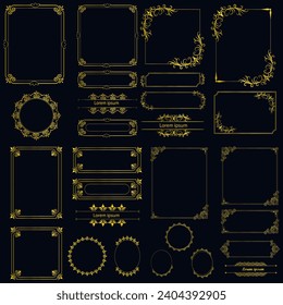 Decorative art deco frames in gold color. Line art decorative borders. Vintage frames for wedding, decoration, antique design,