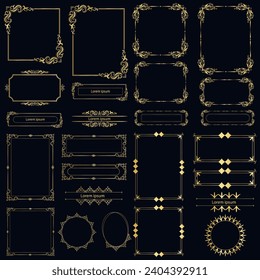 Decorative art deco frames in gold color. Line art decorative borders. Vintage frames for wedding, decoration, antique design, 