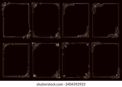 Decorative art deco frames in gold color. Line art decorative borders. Vintage frames for wedding, decoration, antique design,