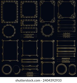 Decorative art deco frames in gold color. Line art decorative borders. Vintage frames for wedding, decoration, antique design,