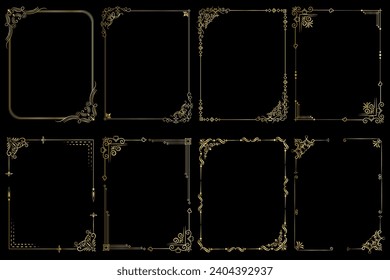 Decorative art deco frames in gold color. Line art decorative borders. Vintage frames for wedding, decoration, antique design, 