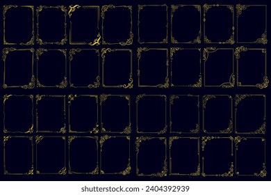 Decorative art deco frames in gold color. Line art decorative borders. Vintage frames for wedding, decoration, antique design, 