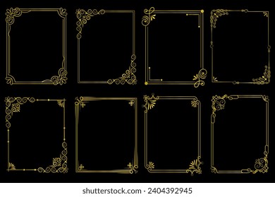 Decorative art deco frames in gold color. Line art decorative borders. Vintage frames for wedding, decoration, antique design, 