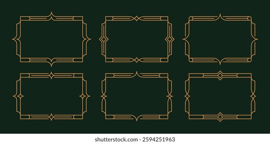 Decorative art deco frames in gold color on green background. Borders in line art style. Vintage frames for wedding, decoration, antique design, borders and deco divider. Vector illustration