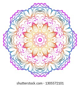 Decorative Art Deco Mandala From Floral Elements. Vector Illustration. For Coloring Book, Greeting Card, Invitation, Tattoo. Anti-Stress Therapy Pattern. Rainbow color.
