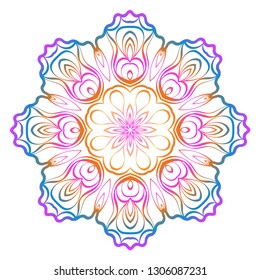 Decorative Art Deco Mandala From Floral Elements. Vector Illustration. For Coloring Book, Greeting Card, Invitation, Tattoo. Anti-Stress Therapy Pattern. Rainbow color.