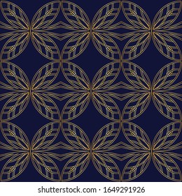 Decoración art decó. Ornamentos dorados con fondo azul oscuro. Textura de elementos florales. Lujo. Motivos étnicos orientales turcos. Impresión elegante en textiles, tarjeta de lino, esténcil