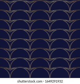 Decoración art decó. Ornamentos geométricos dorados con fondo azul oscuro. Sencilla textura de elementos minimalistas. Lujoso y elegante papel vintage en textil, lino, tarjeta, papel envolvente.