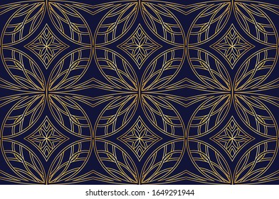 Decorative art deco pattern. Golden outlined ornaments on dark blue background. Floral elements texture. Luxury lace. Ethnic oriental turkish motifs. Elegant print on textile, linen card, stencil tile