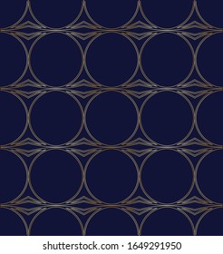 Dekoratives Deko-Muster. Golden umrissene geometrische Ornamente auf dunkelblauem Hintergrund. Einfache, minimalistische Elemente Textur. Luxuriöser eleganter Vintage-Druck auf Textilien, Leinen, Karte, Umhüllungspapier.