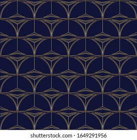 Decorative art deco pattern. Golden outlined geometric ornaments on dark blue background. Simple, minimalistic elements texture. Luxury  elegant vintage print on textile, linen, card, wrapping paper.