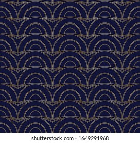 Decoración art decó. Ornamentos geométricos dorados con fondo azul oscuro. Sencilla textura de elementos minimalistas. Lujoso y elegante papel vintage en textil, lino, tarjeta, papel envolvente.