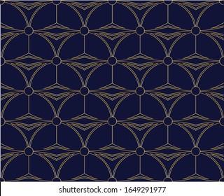 Decorative art deco pattern. Golden outlined geometric ornaments on dark blue background. Simple, minimalistic elements texture. Luxury  elegant vintage print on textile, linen, card, wrapping paper.