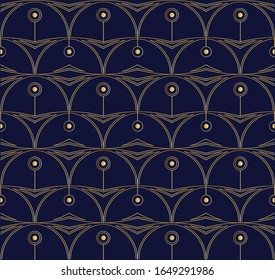 Decoración art decó. Ornamentos geométricos dorados con fondo azul oscuro. Sencilla textura de elementos minimalistas. Lujoso y elegante papel vintage en textil, lino, tarjeta, papel envolvente.