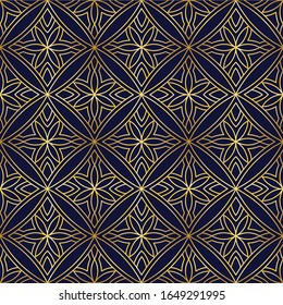 Decoración art decó. Ornamentos dorados con fondo azul oscuro. Floral, textura de elementos de diamante. Motivos étnicos orientales turcos. Elegante impresión lujosa - lámina de papel de lino textil