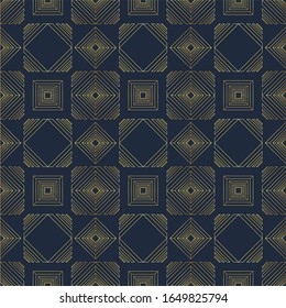 Decorative art deco pattern. Golden contoured square ornaments. Dark blue background. Diamond elements texture. Tracery wallpaper. Simple geometric motif. Elegant luxury print on textile, linen, card.